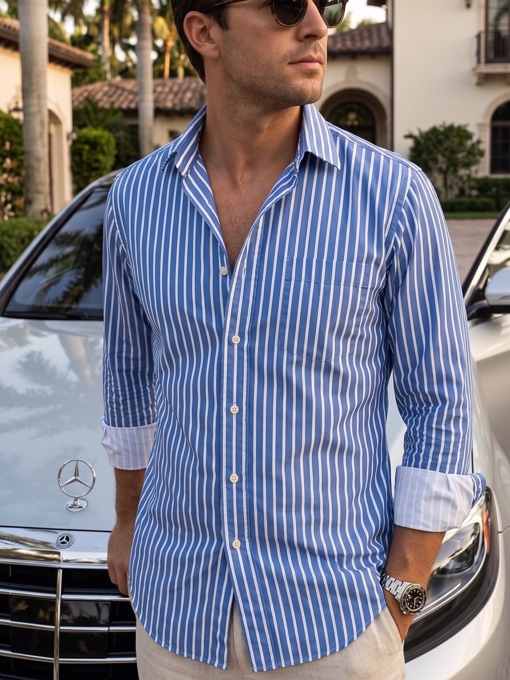 Ralph Lauren Blue and White Vertical Stripe Button-Down Shirt purple label